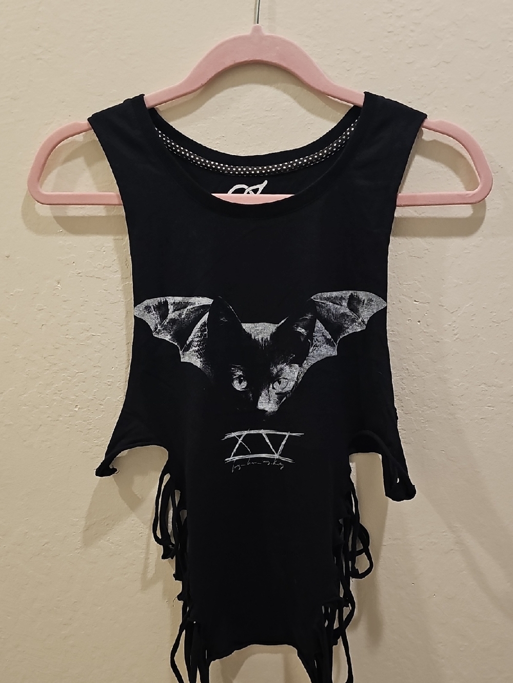 Women's Black Graphic Bat Fringe Tank Top